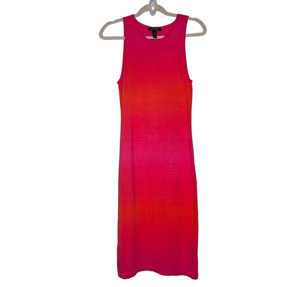 Lauren Ralph Lauren Midi Tank Viscose Knit Dress, Pink Orange Ombré, M, Bodycon
